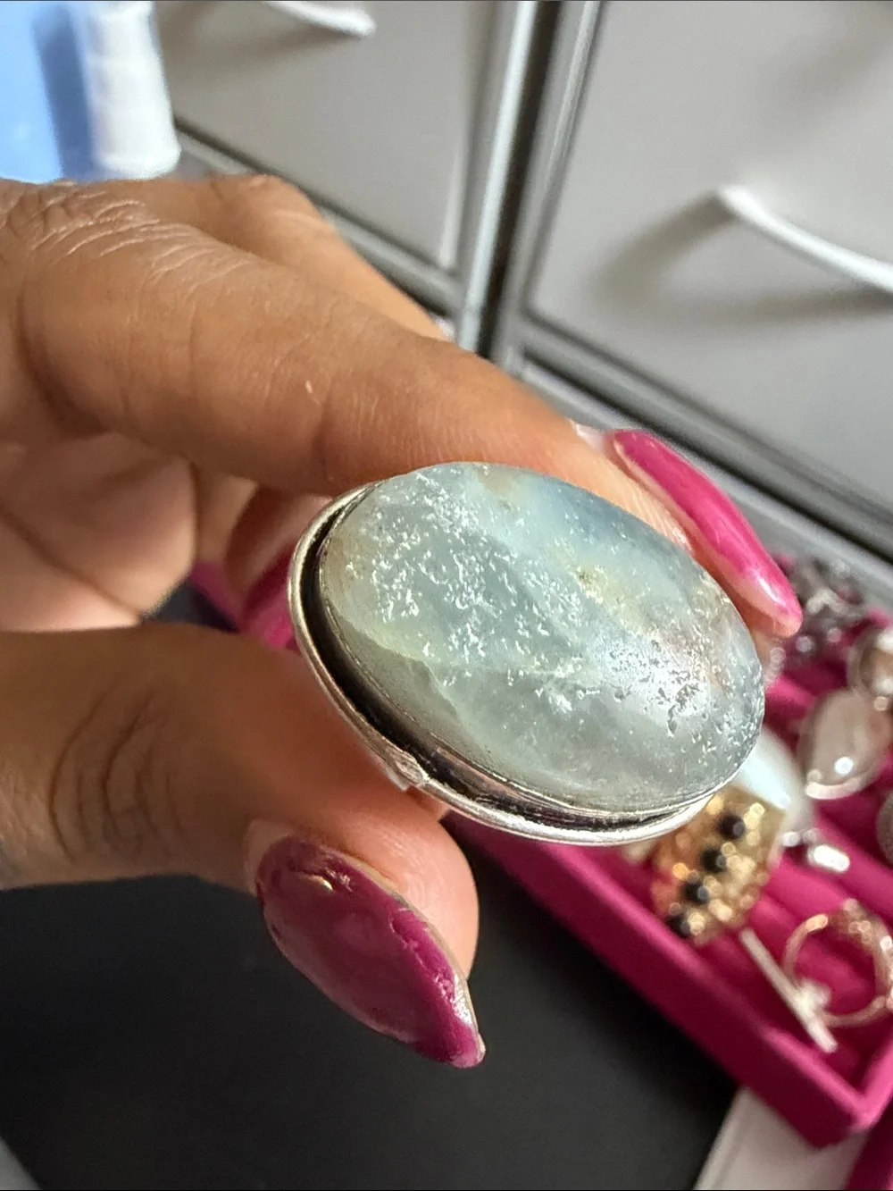 925 Silver-Oval Aquamarine Statement Ring - Pink Accent